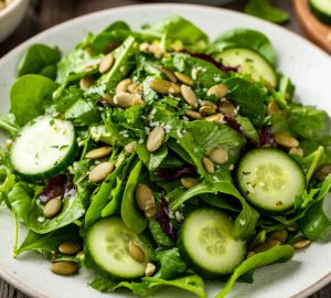 Весенний детокс-салат из зелени, огурцов и семян тыквы