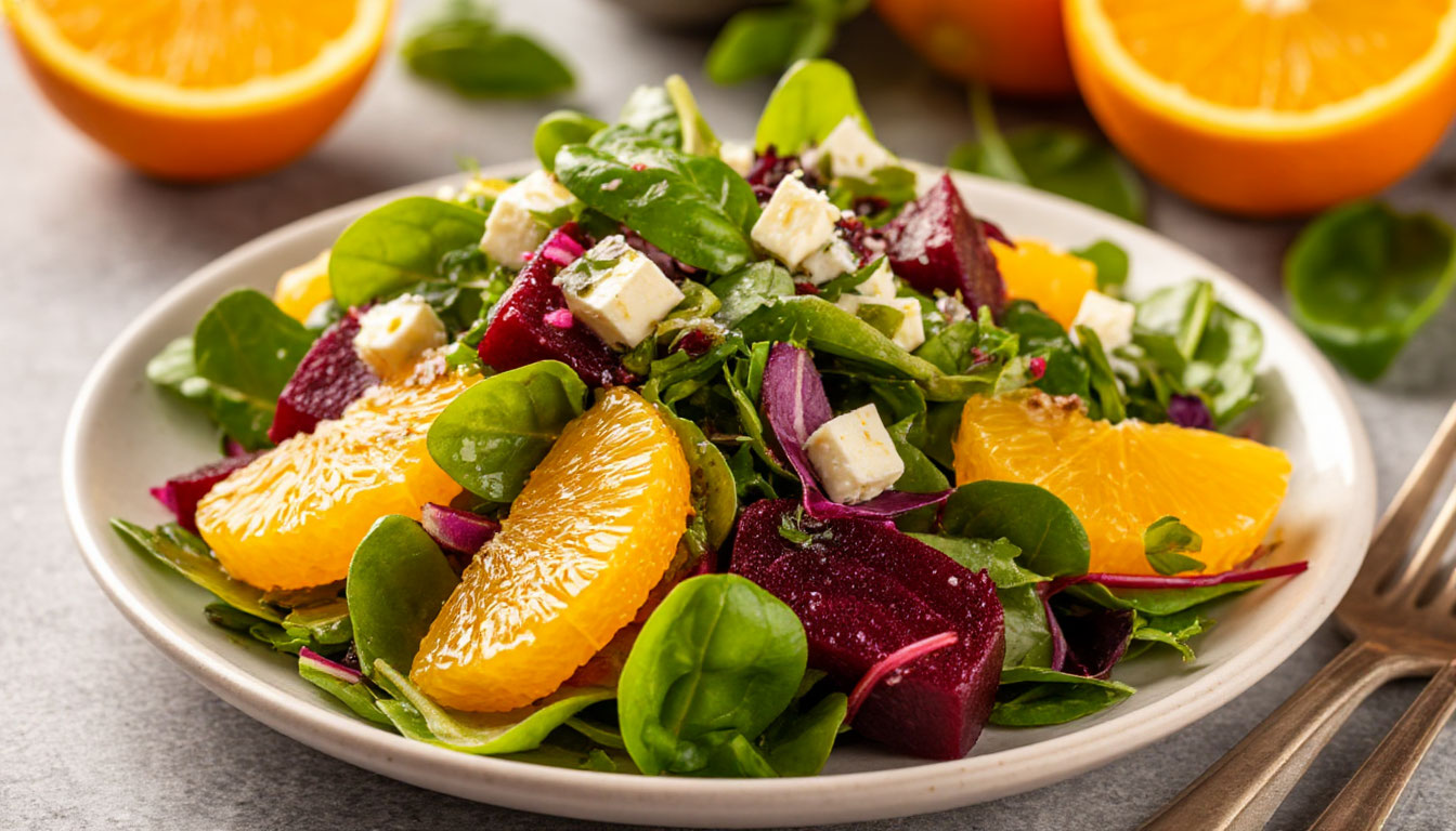 Весенний салат с молодой свеклой, фетой и апельсином