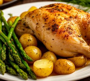 Запеченная курица с молодой картошкой и спаржей