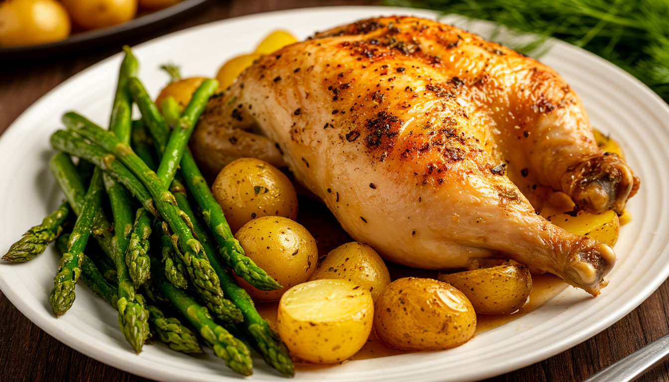 Запеченная курица с молодой картошкой и спаржей