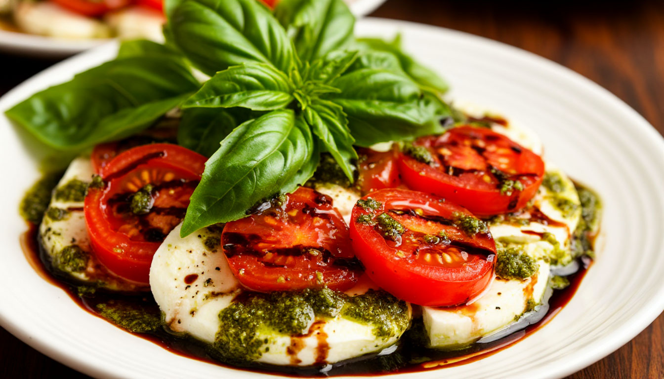 Салат Капрезе с песто и бальзамической глазурью