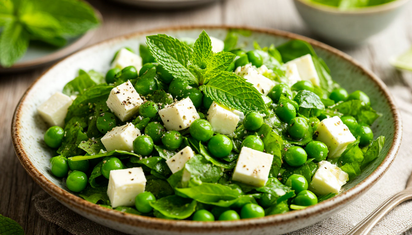 Легкий летний салат с зеленым горошком, фетой и мятой