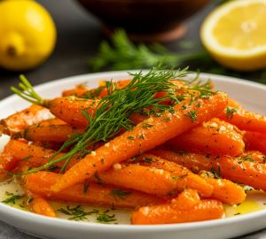 Морковь с молодой ботвой, обжаренная с чесноком и лимоном