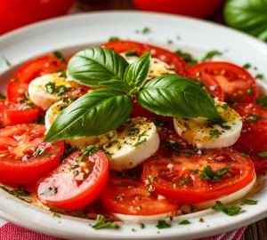 Салат из первых июньских помидоров с базиликом и моцареллой