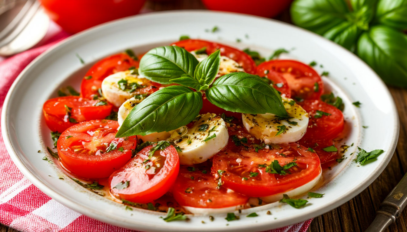 Салат из первых июньских помидоров с базиликом и моцареллой