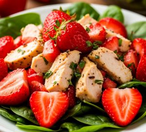 Летний куриный салат с клубникой и шпинатом