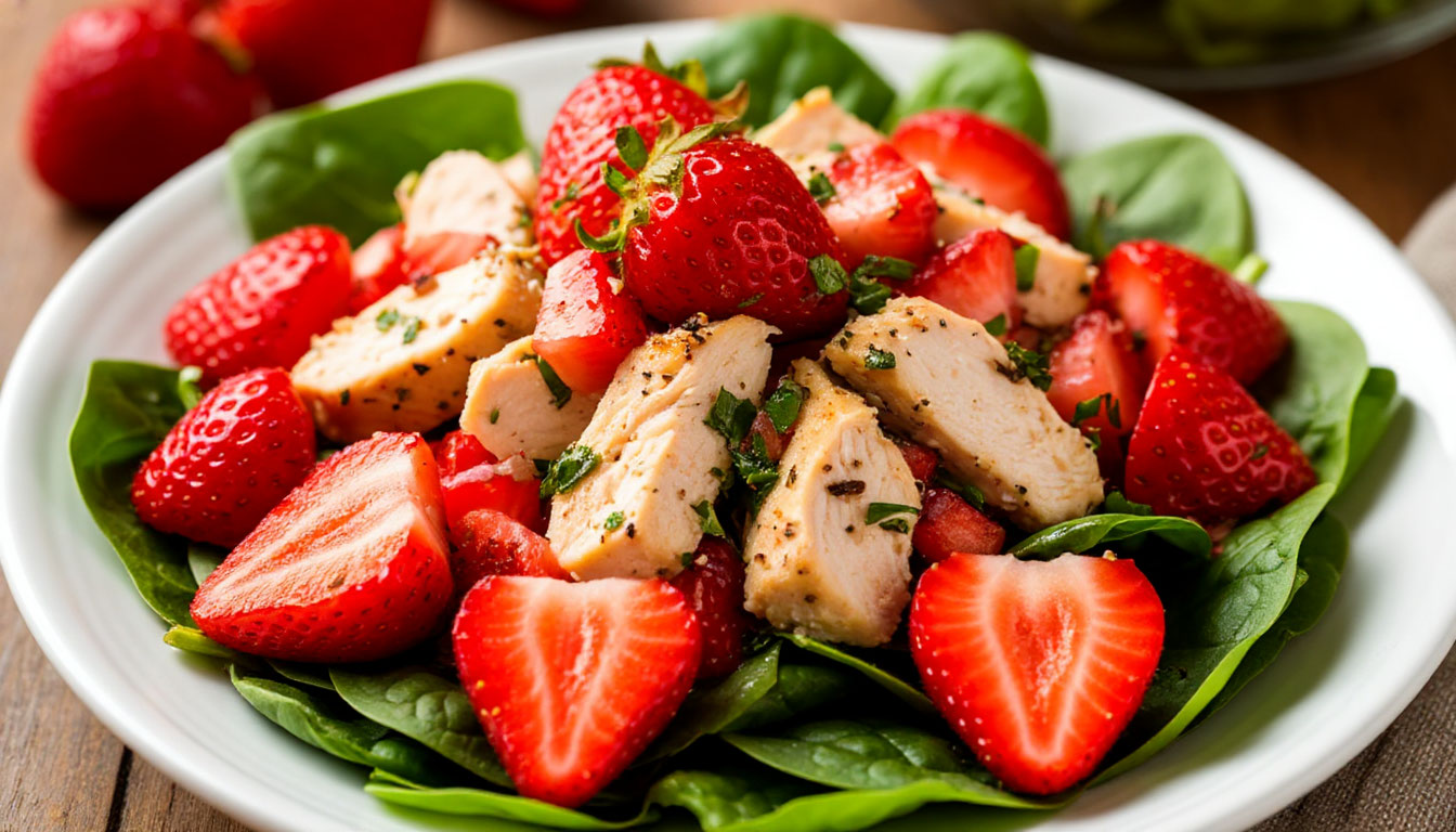 Летний куриный салат с клубникой и шпинатом