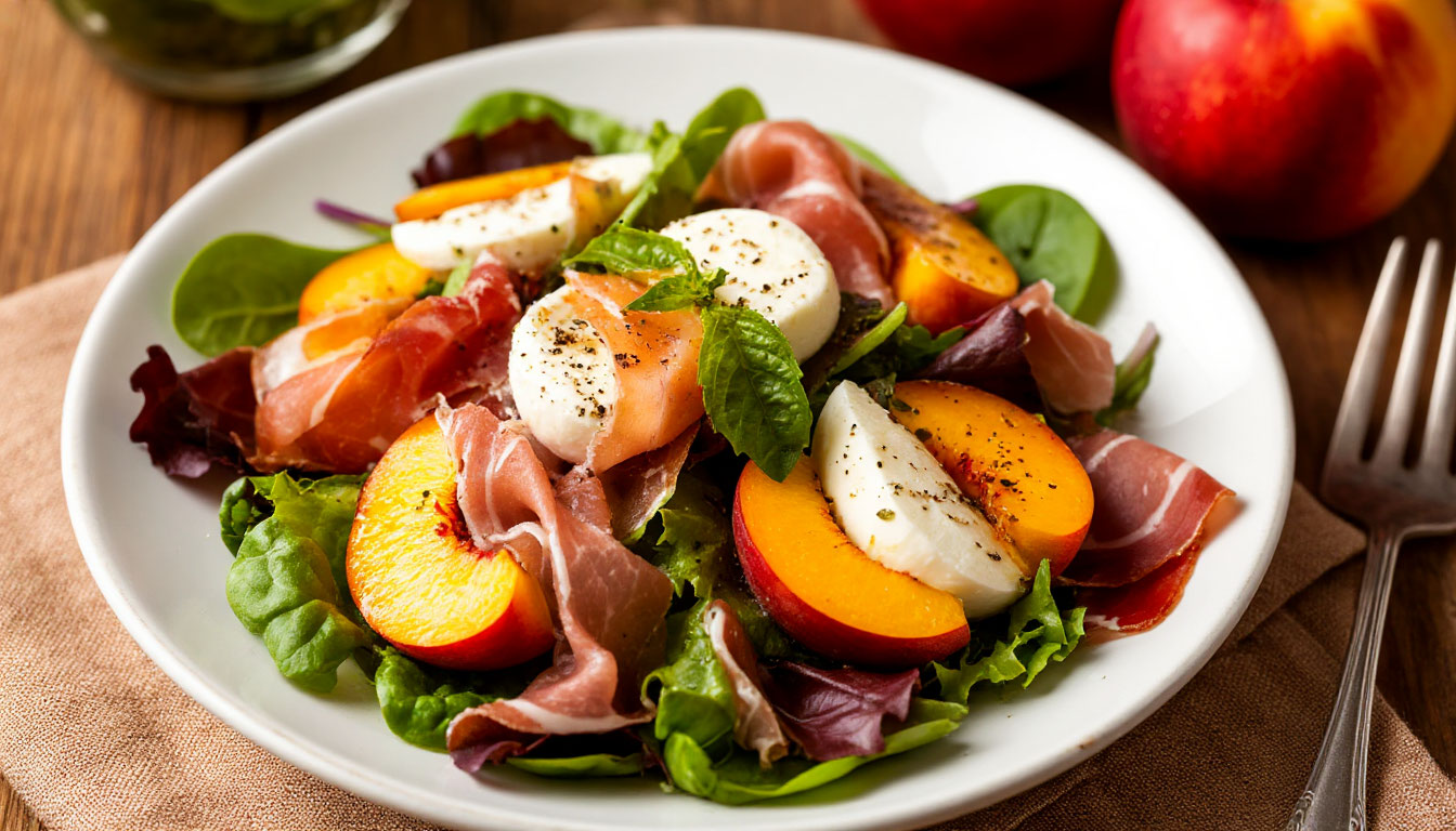 Салат с нектаринами, моцареллой и прошутто