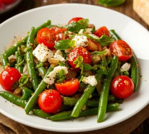 Теплый салат с зеленой фасолью, помидорами черри и брынзой