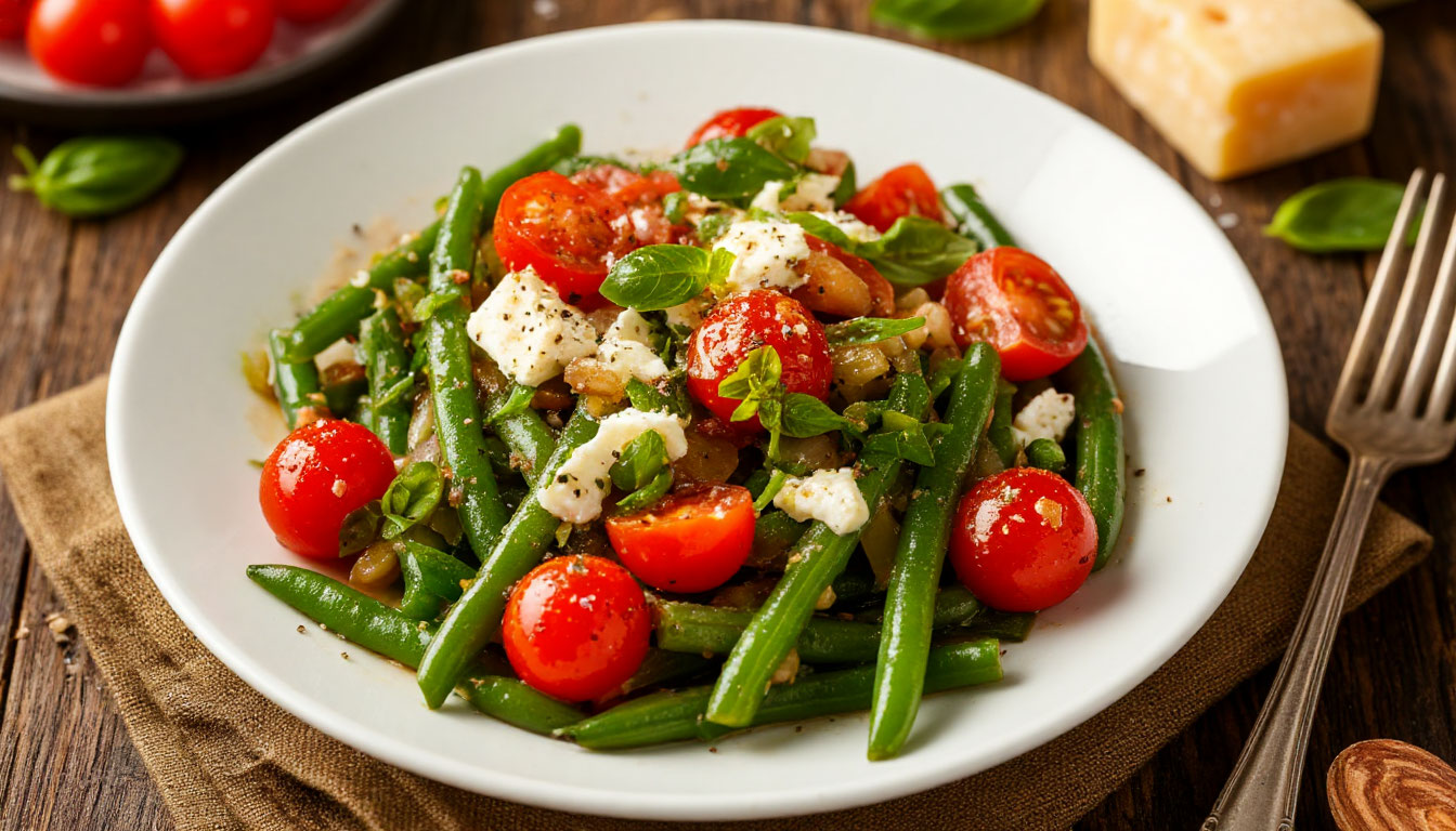 Теплый салат с зеленой фасолью, помидорами черри и брынзой