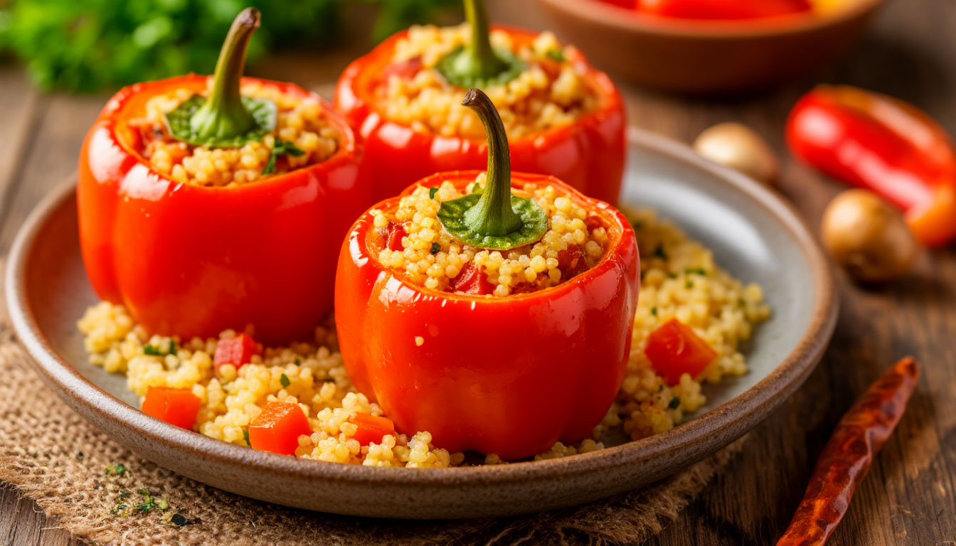 Яркий фаршированный перец с кускусом и овощами