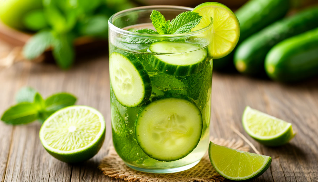 Освежающий напиток из огуречной воды с мятой и лаймом