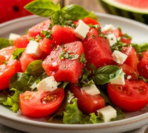 Легкий летний салат с помидорами, арбузом и фетой