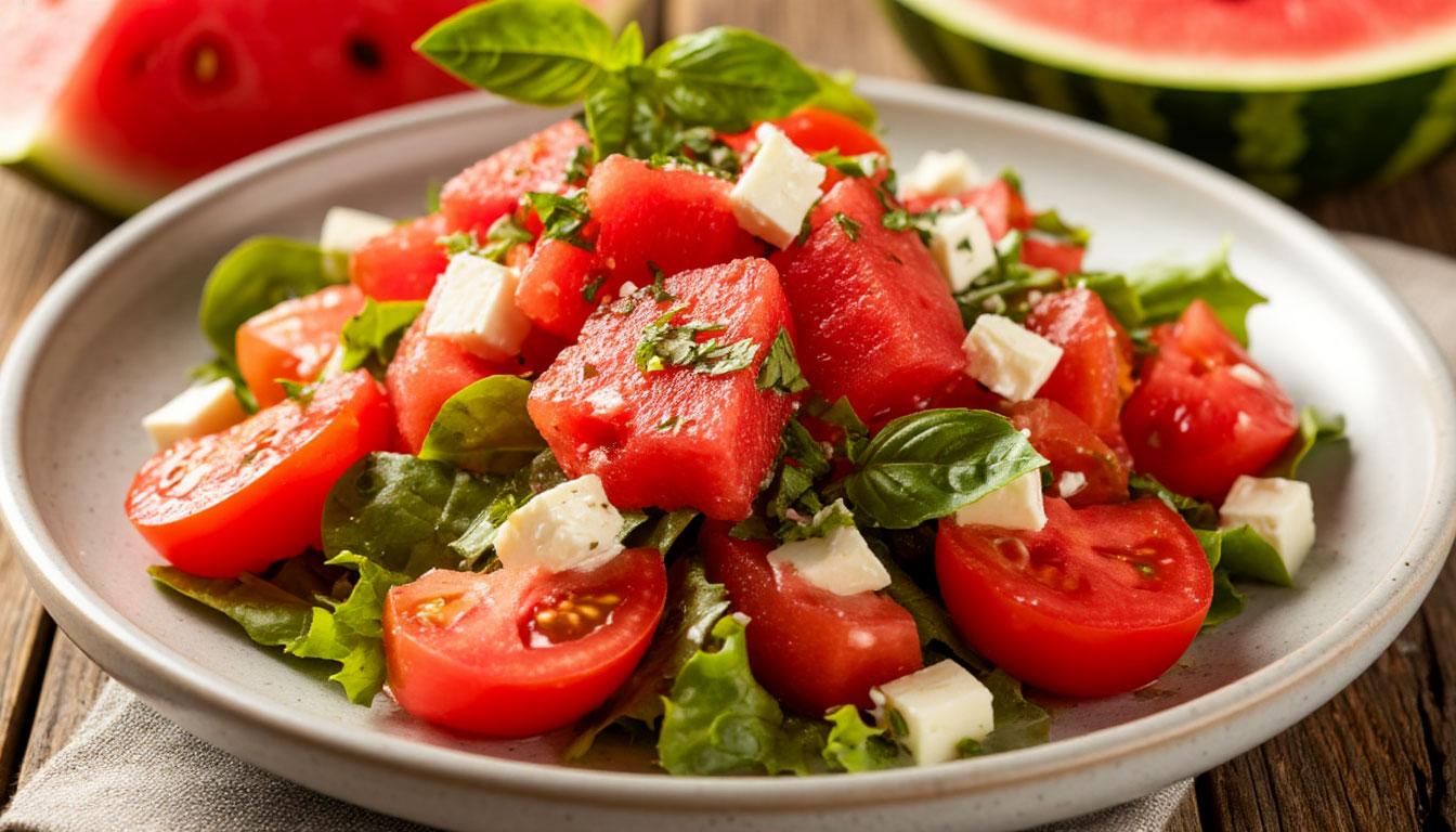 Легкий летний салат с помидорами, арбузом и фетой