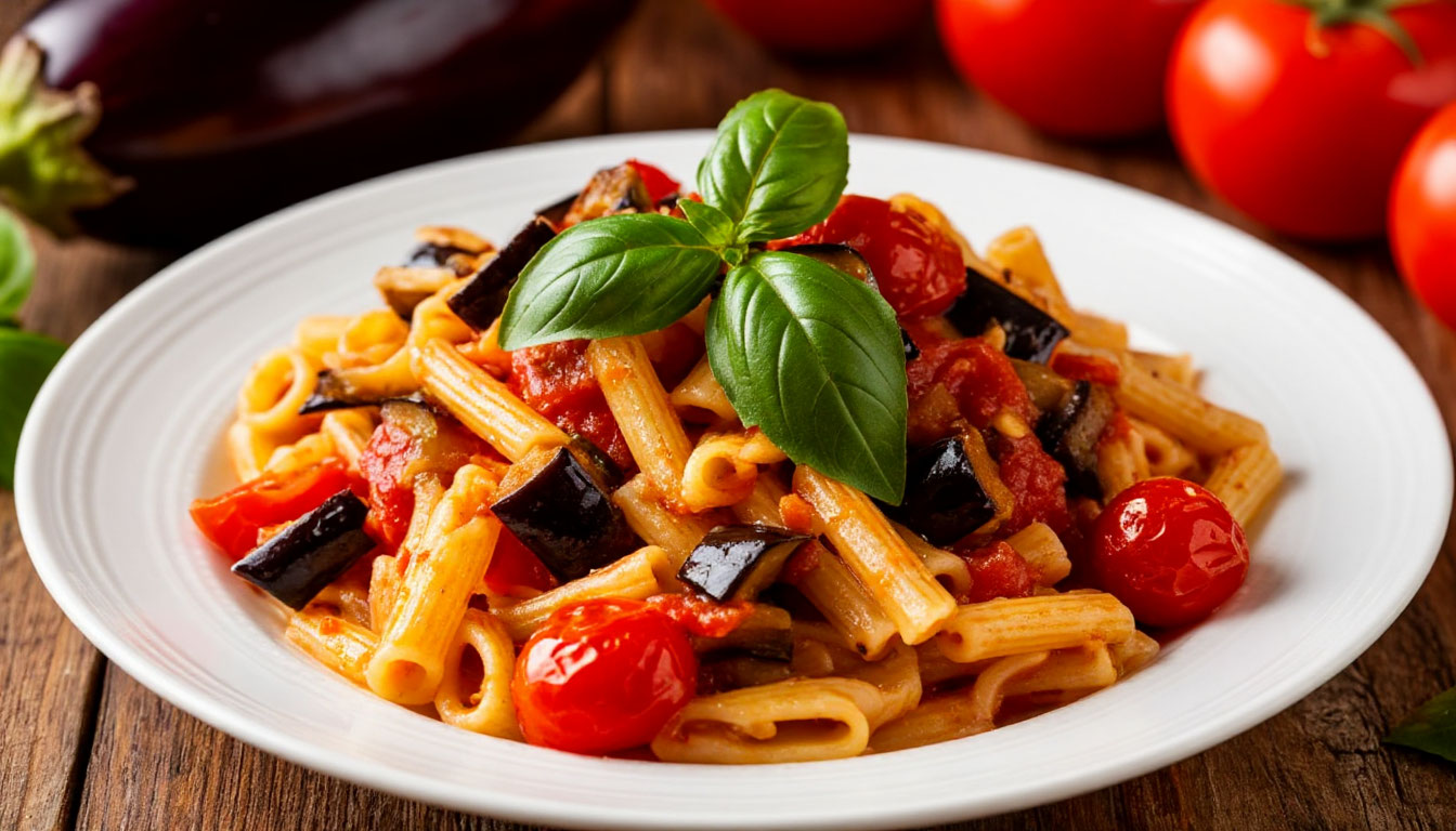 Паста алла норма с помидорами, баклажанами и базиликом