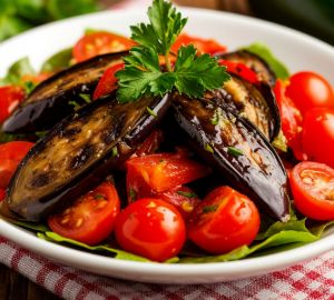 Теплый салат с баклажанами, перцами и помидорами