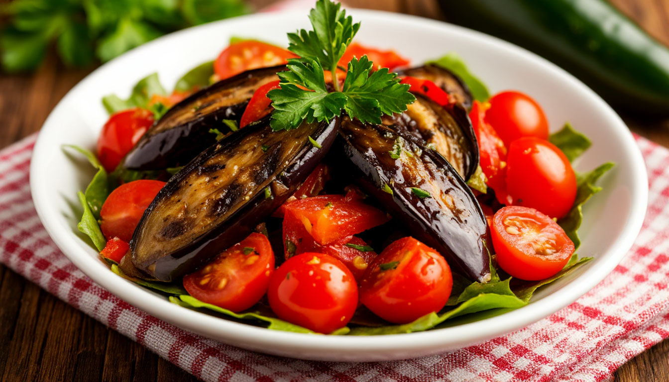 Теплый салат с баклажанами, перцами и помидорами