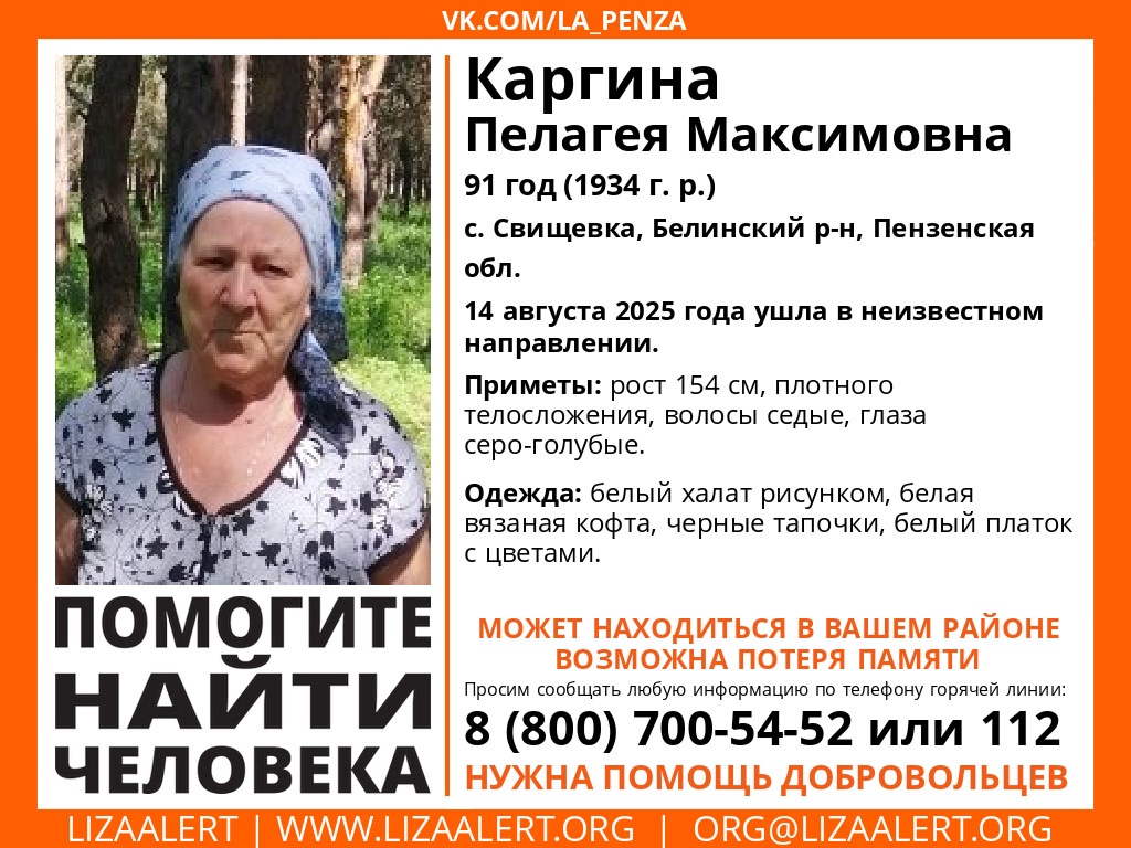В Белинском районе начали поиски 91-летней пенсионерки с потерей памяти