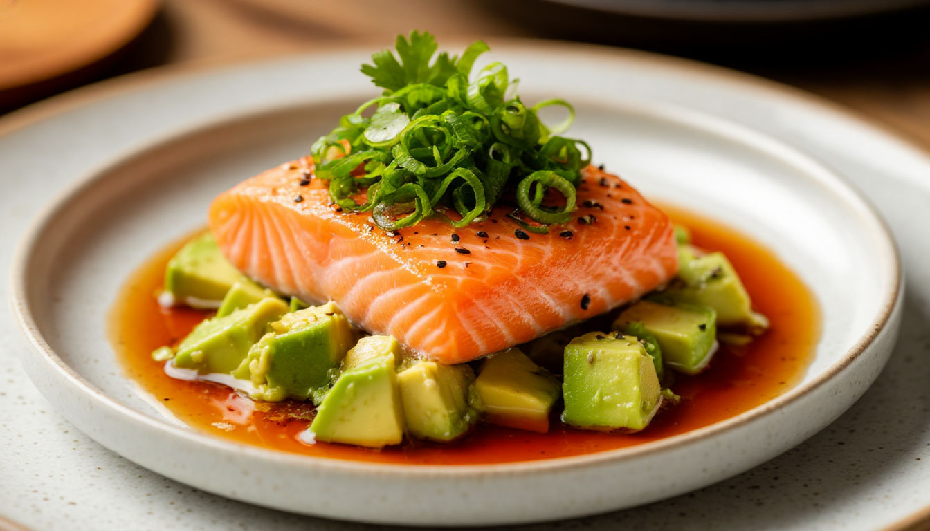 Лосось с авокадо под соусом понзу
