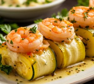 Кабачковые рулетики с креветками и сливочно-чесночным соусом