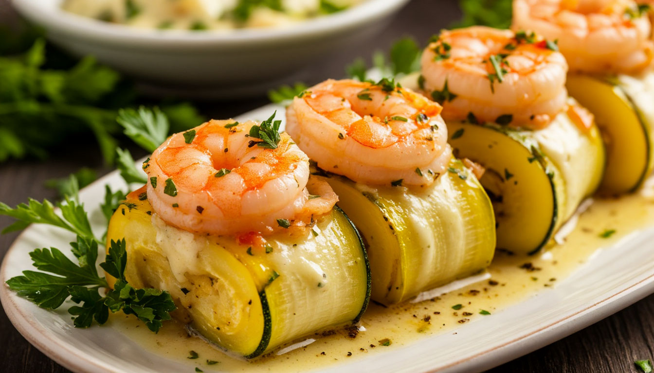 Кабачковые рулетики с креветками и сливочно-чесночным соусом