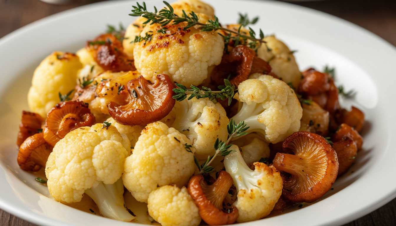 Цветная капуста с жареными лисичками и тимьяном