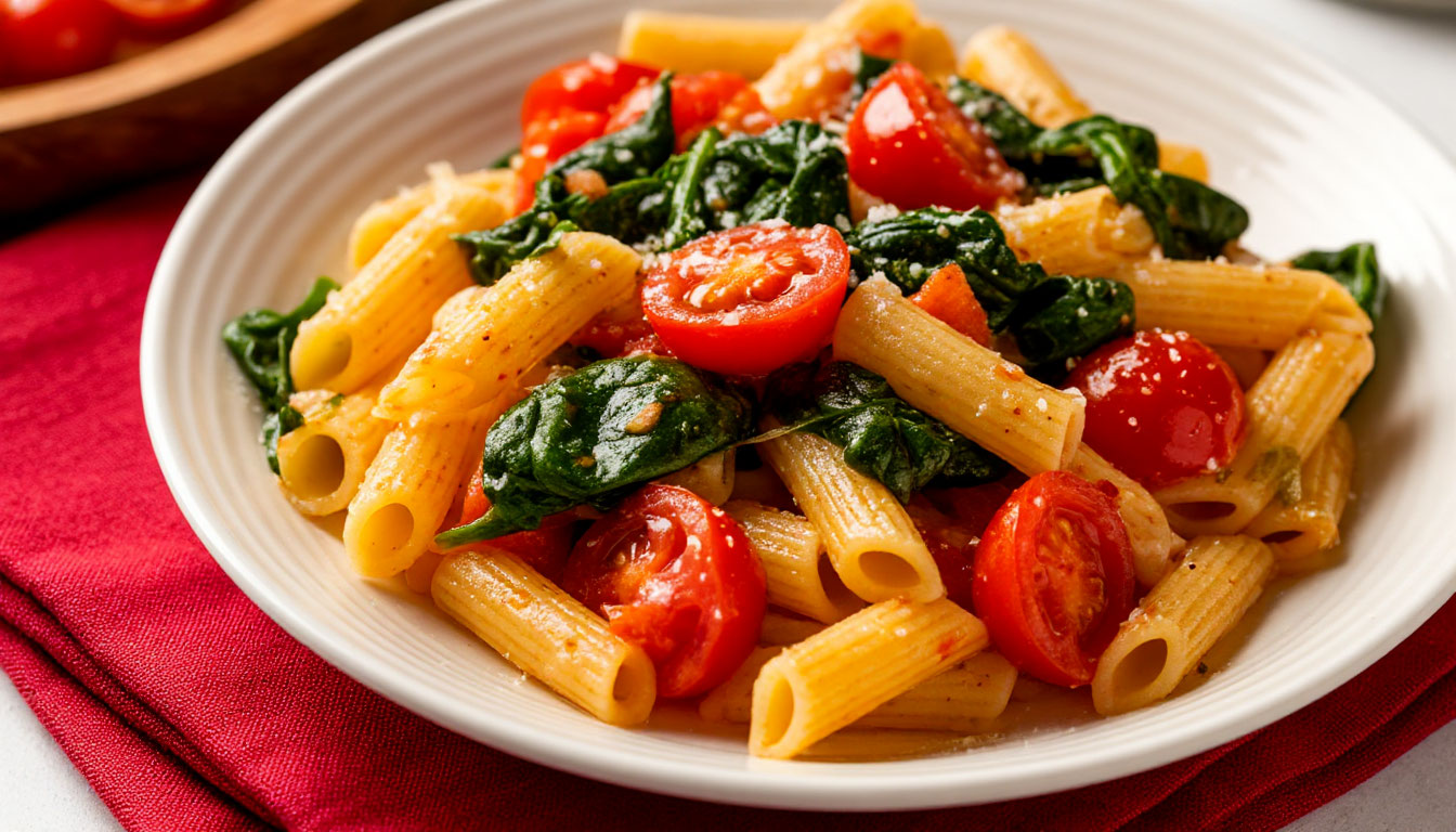 Быстрая и полезная паста с томатами и шпинатом