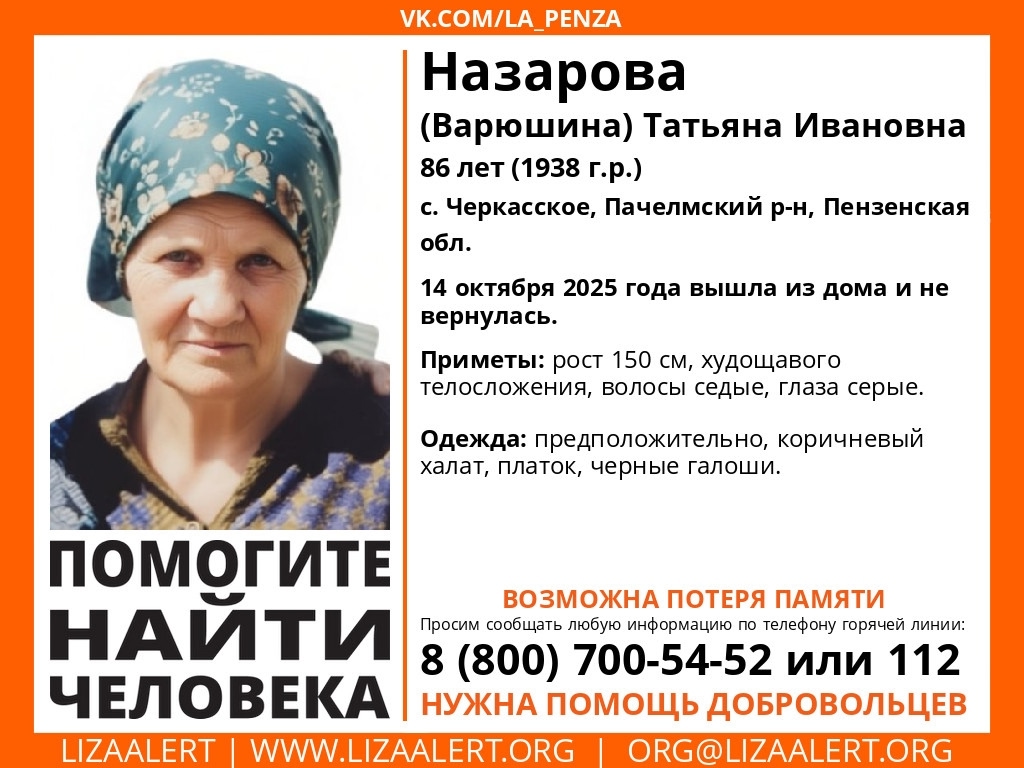 В Пензенской области пропала 86-летняя жительница Пачелмского района